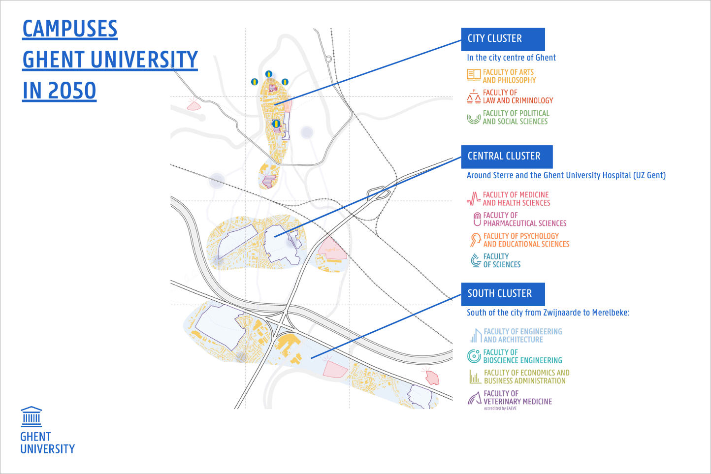 A visualization of the plans for three clusters of Ghent University: City Cluster, Central Cluster and South Cluster.