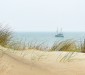 Gras in de duinen met zicht op een vissersboot op de Noordzee.
